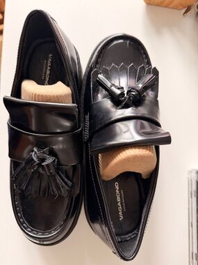 Vagabond Black Patent Tassel Loafers with Fringe Detail